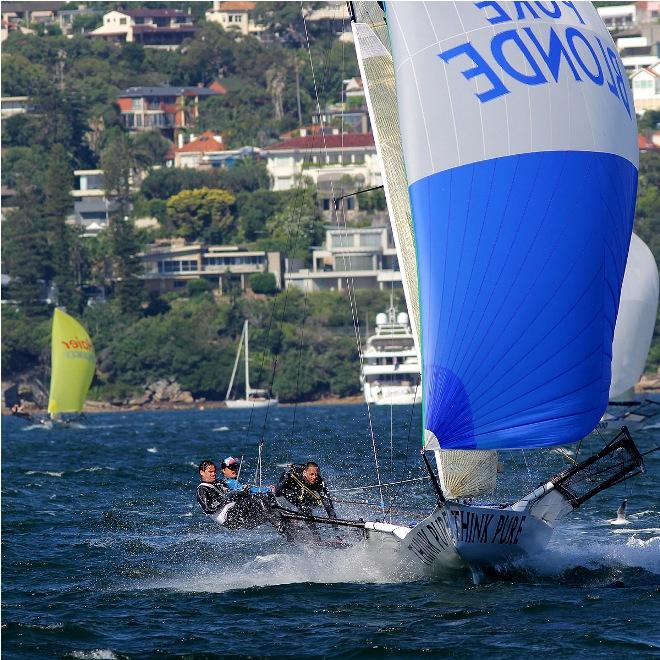 Pure Blonde crew prepares to cross the finish line - 2015 JJ Giltinan 18ft Skiff Championship © Frank Quealey /Australian 18 Footers League http://www.18footers.com.au